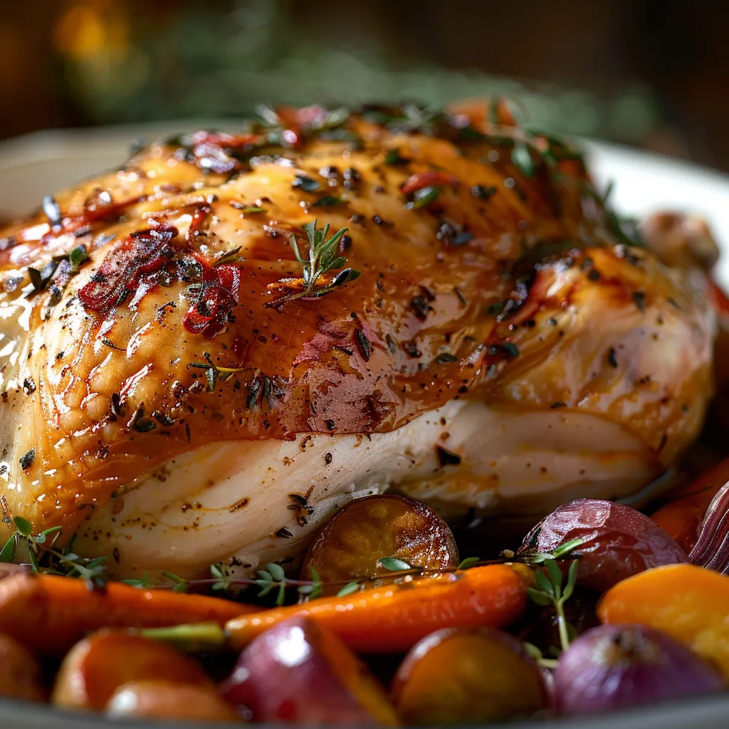 Close-up of flavorful turkey breast served with carrots, parsnips, and potatoes.