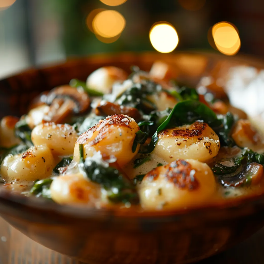Eye-level shot of gnocchi with spinach, mushrooms, and a rich garlic smoked paprika cream.