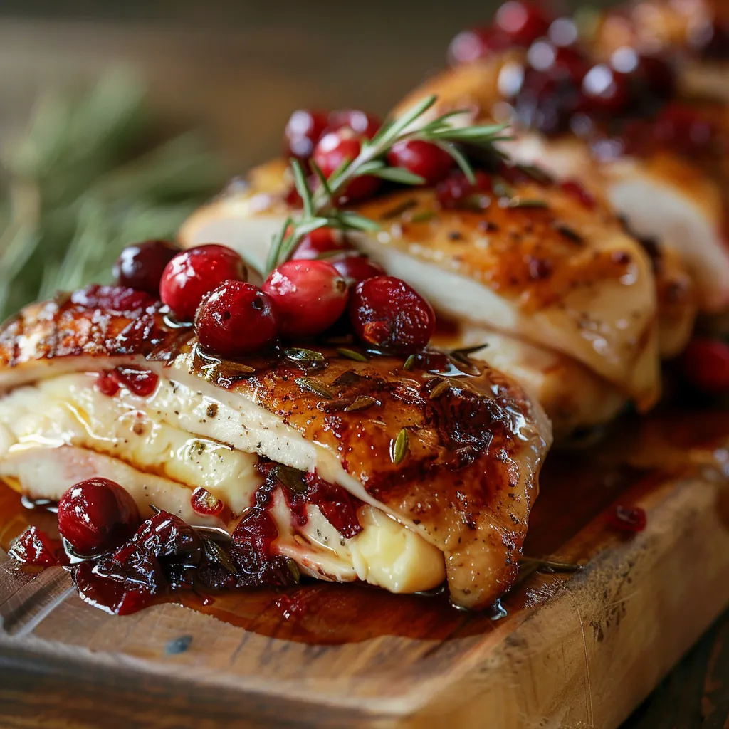Detailed shot of a loaded stuffed chicken with cranberry and Brie filling, illuminated softly.