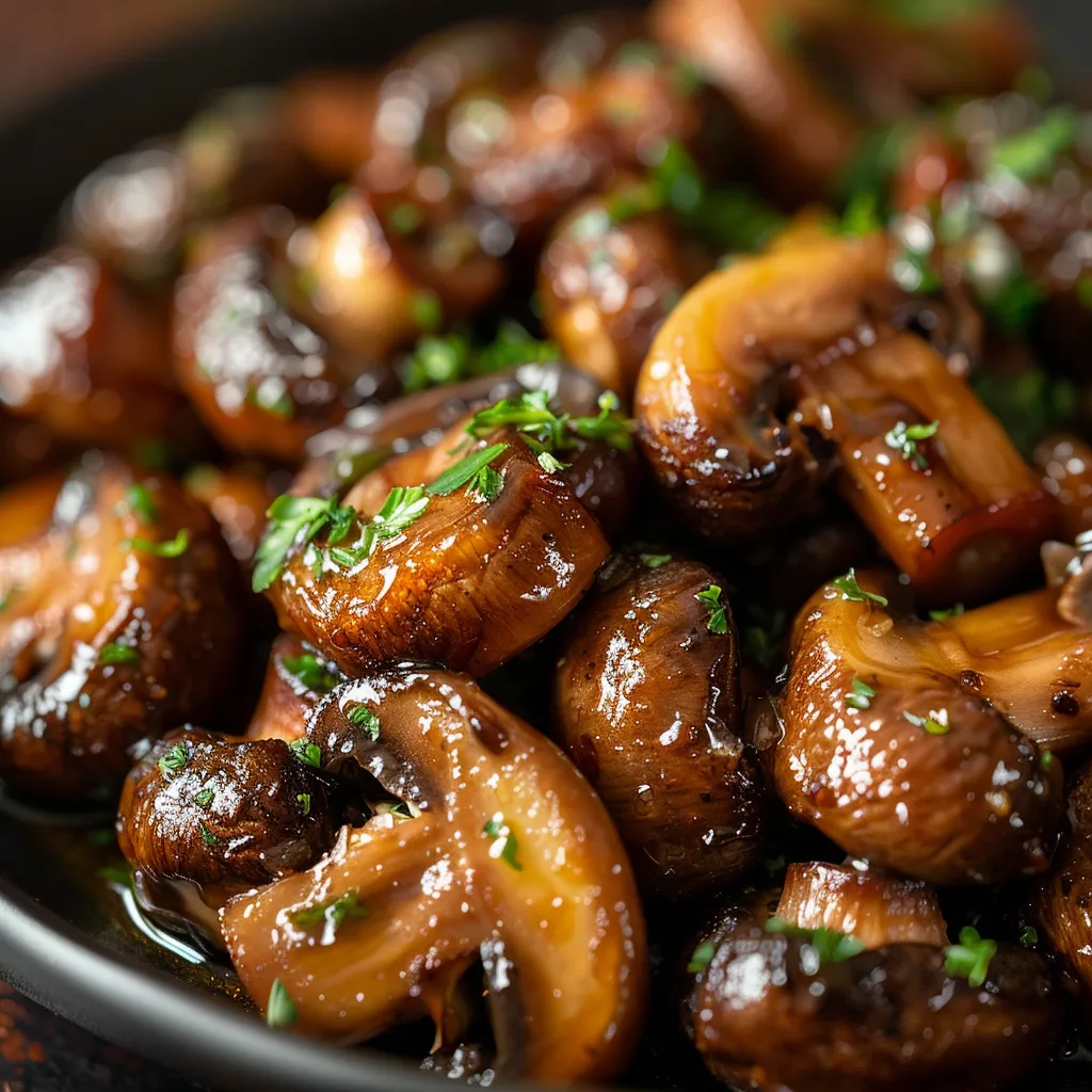 Eye-level shot of mushrooms caramelized and coated in soy sauce and honey, with soft shadows.