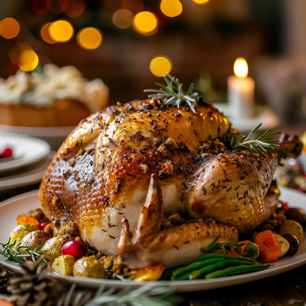 Close-up of a golden-brown holiday turkey surrounded by vegetables and cranberry sauce.
