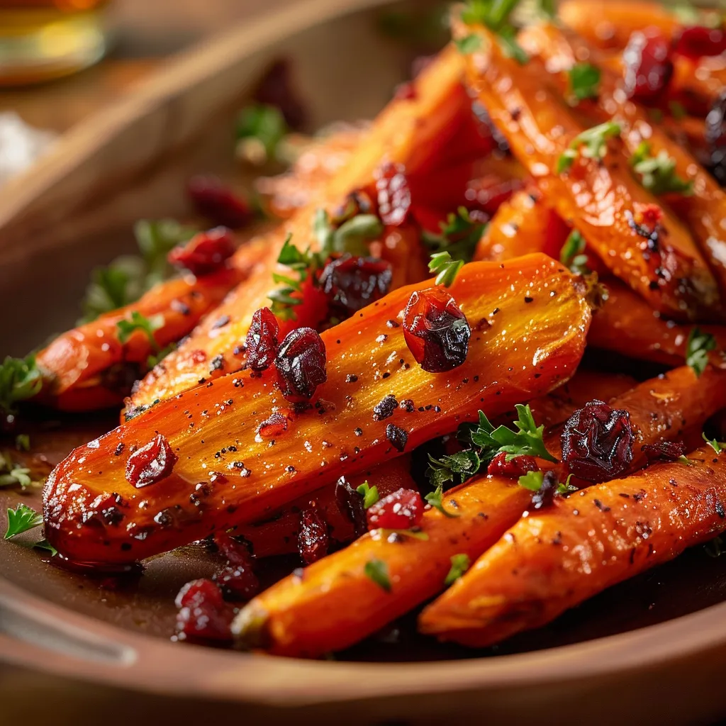 Eye-level shot of caramelized carrots with cranberries and a sprig of parsley.