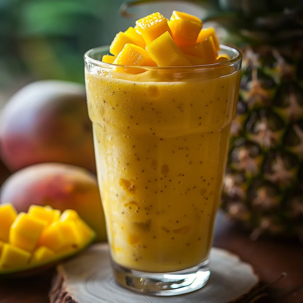 Beautifully presented pineapple mango kefir smoothie captured in natural light, showcasing its smooth surface.