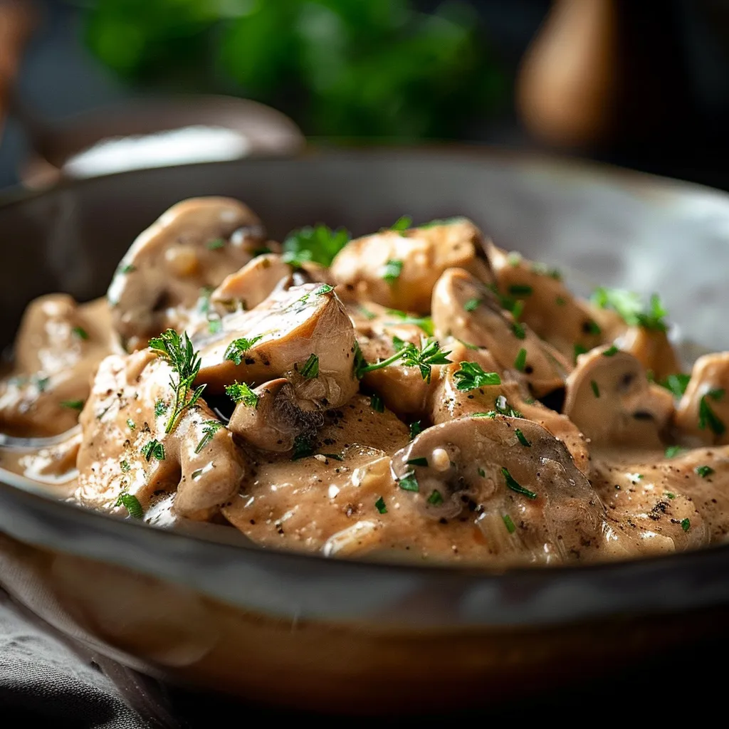 Detailed view of Chicken Stroganoff showing chunks of chicken, sliced mushrooms, and a rich, creamy sauce.