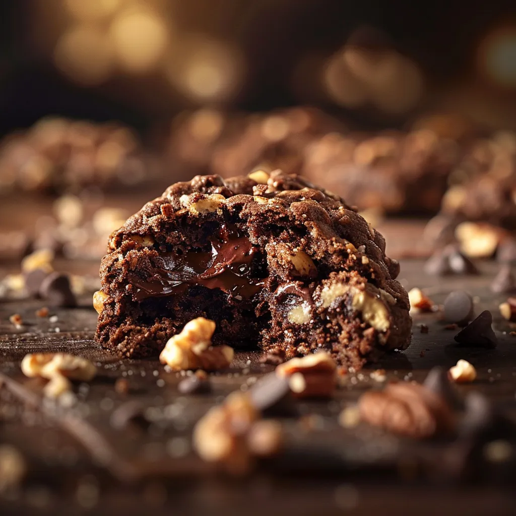 Detailed view of a bakery-style chocolate walnut cookie, highlighting its rich texture and ingredients.