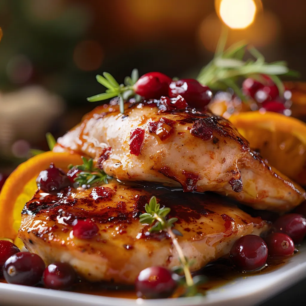 Mouthwatering chicken dish featuring a bright orange and deep red cranberry sauce, served on a wooden surface.