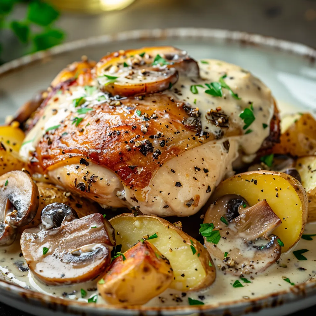 Plate showcasing herb-seasoned roasted chicken with creamy sauce, mushrooms, and potatoes, lit warmly.