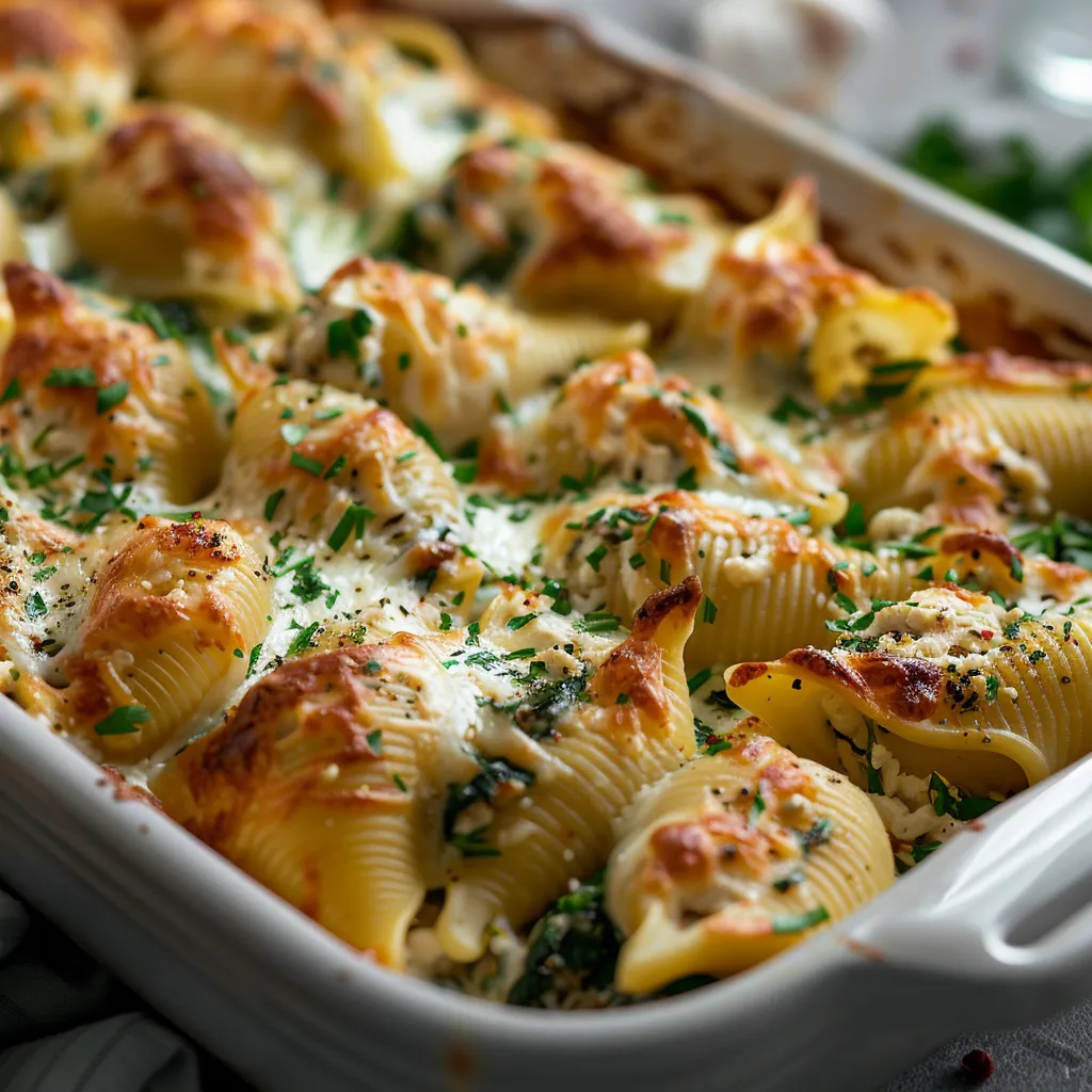 Delicious baked shells filled with chicken, spinach, and artichokes, garnished with cheese.