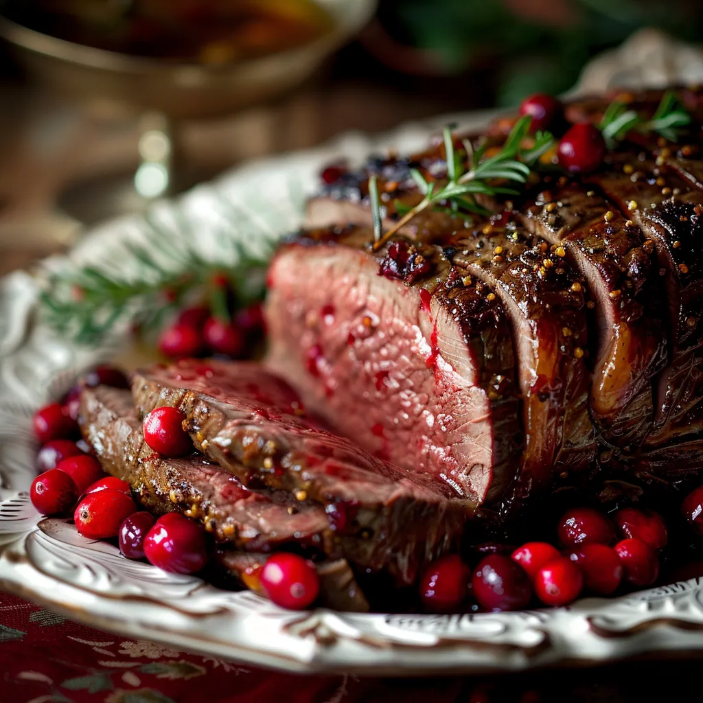 Sliced beef roast with vibrant cranberry and orange sauce on a rustic plate.