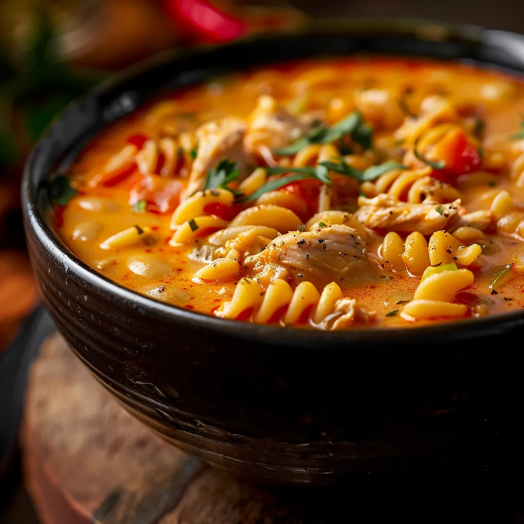 Eye-level view of Cajun chicken pasta soup showcasing textures and ingredients.