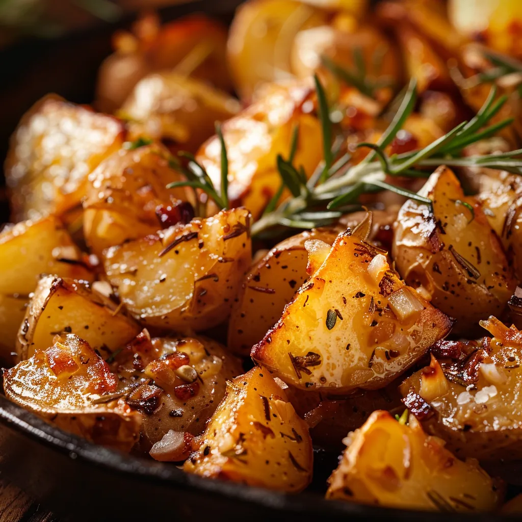 Detailed shot of roasted potato chunks coated in herbs and herbs with a rustic background.