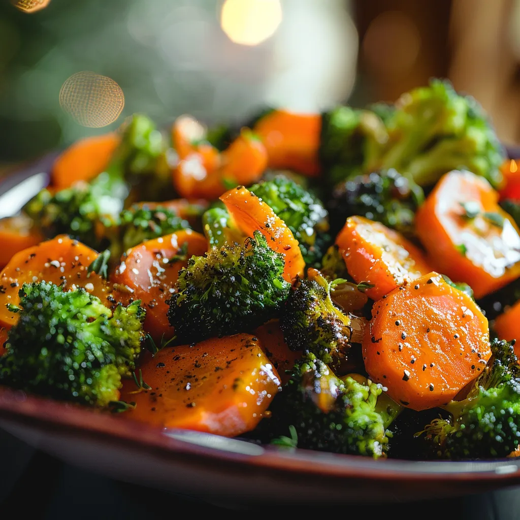 Eye-level shot of colorful roasted vegetables, highlighting textures and warm tones, set against a cozy backdrop.