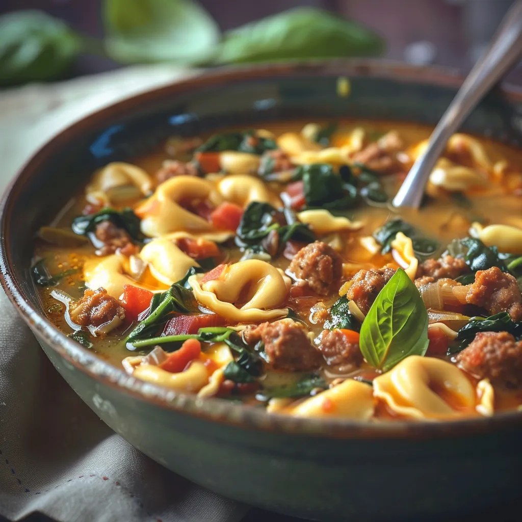 Delicious sausage and spinach tortellini soup served in a rustic bowl.