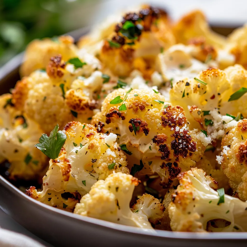 Detailed image of seasoned cauliflower with cheese and herbs.