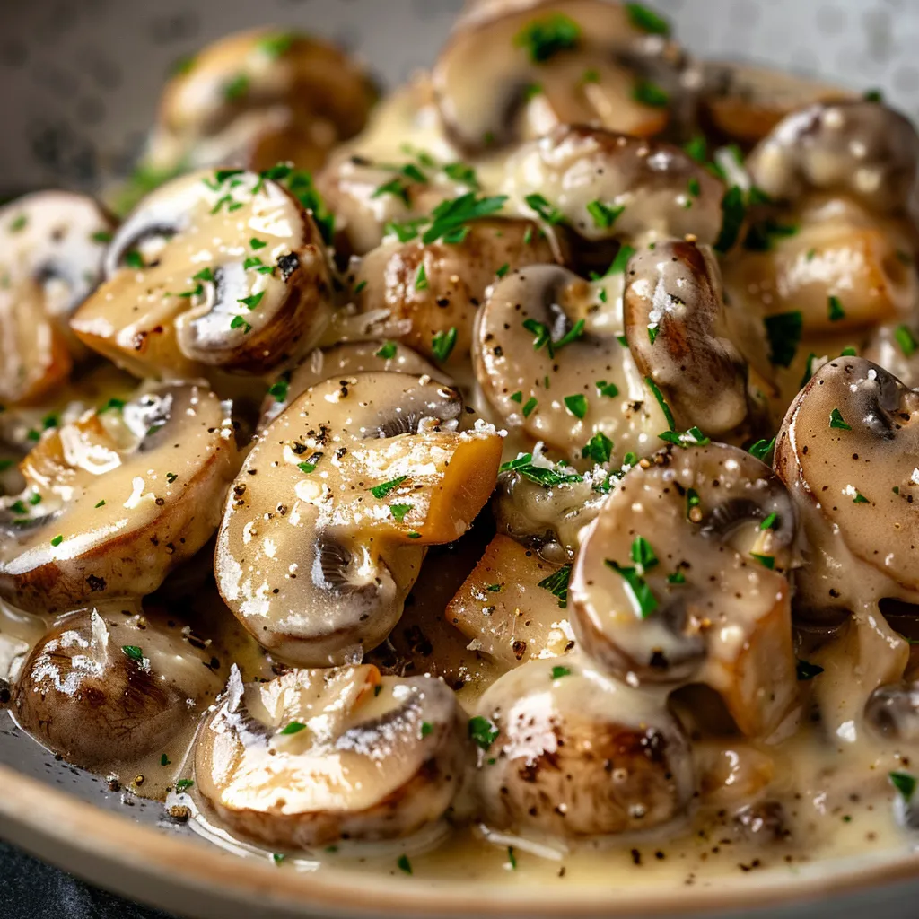 Appetizing creamy mushroom dish with detailed textures, lit softly to highlight their juicy appearance.