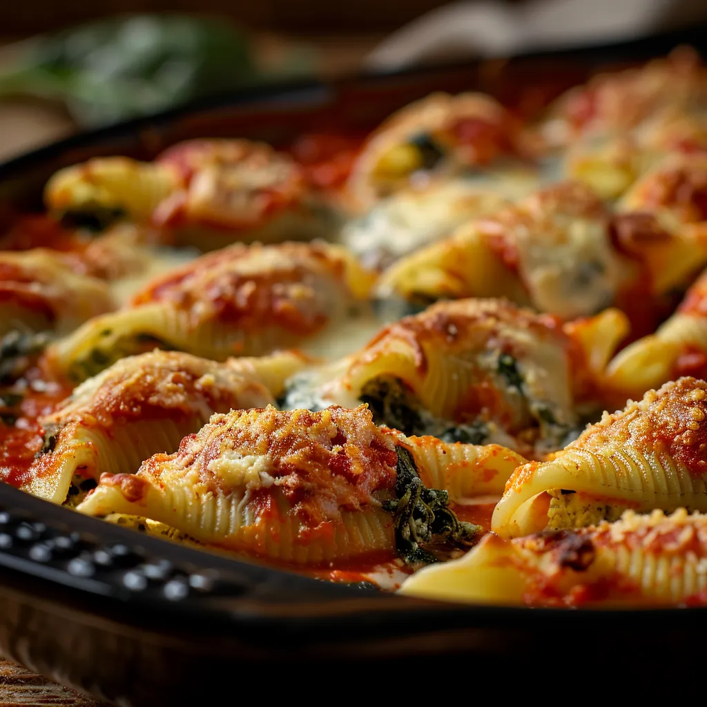 Delicious stuffed shells with spinach and cheese, highlighting texture and warm lighting.