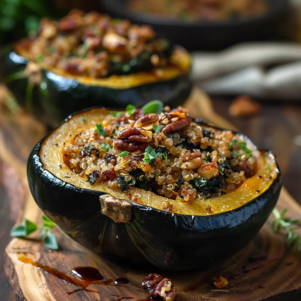 Detailed view of a vegan stuffed acorn squash showing colorful ingredients and textured filling on a rustic plate.