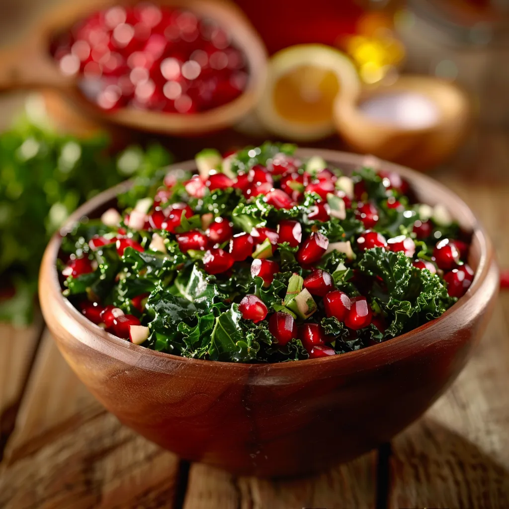Close-up of a fresh kale and pomegranate seeds salad with soft lighting.