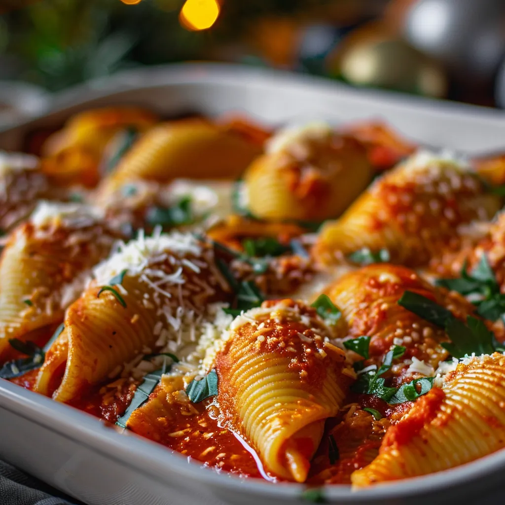 Appetizing pasta shells filled with ricotta, garnished with parsley, under warm lighting.