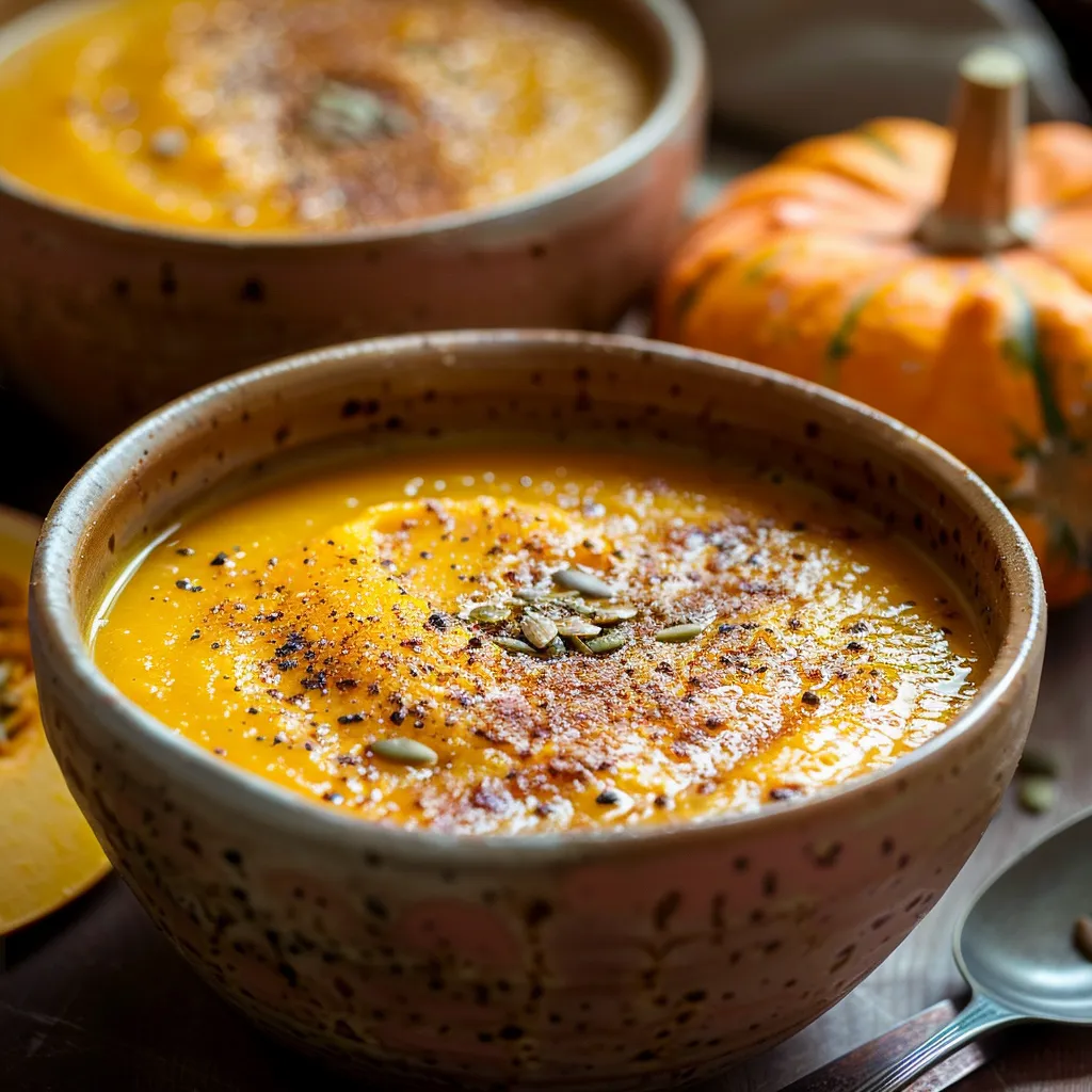 Detailed view of pumpkin soup garnished with spices, highlighting its texture and warmth.