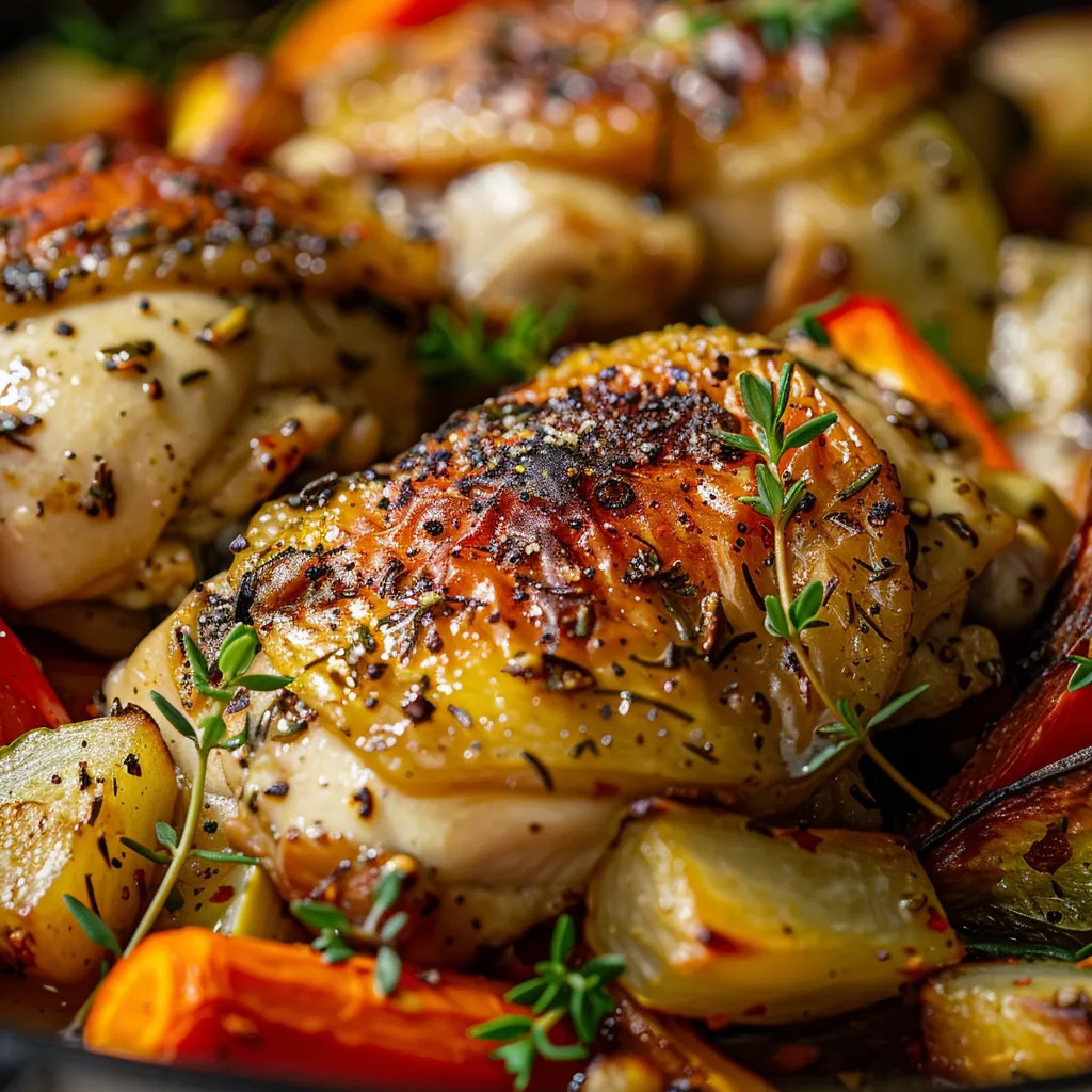 Plate of golden roasted garlic chicken breasts with assorted vegetables, captured at eye level.