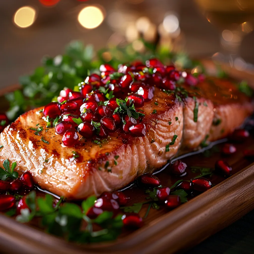 Detailed view of baked salmon fillets topped with a glossy pomegranate sauce and colorful seeds.