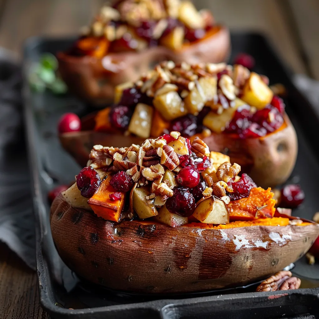 Artistic shot of sweet potatoes filled with cranberries and apples, highlighted by natural warm lighting.