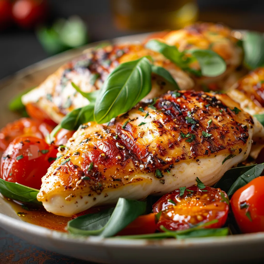 Eye-level view of a savory chicken dinner garnished with basil, vibrant and appetizing.