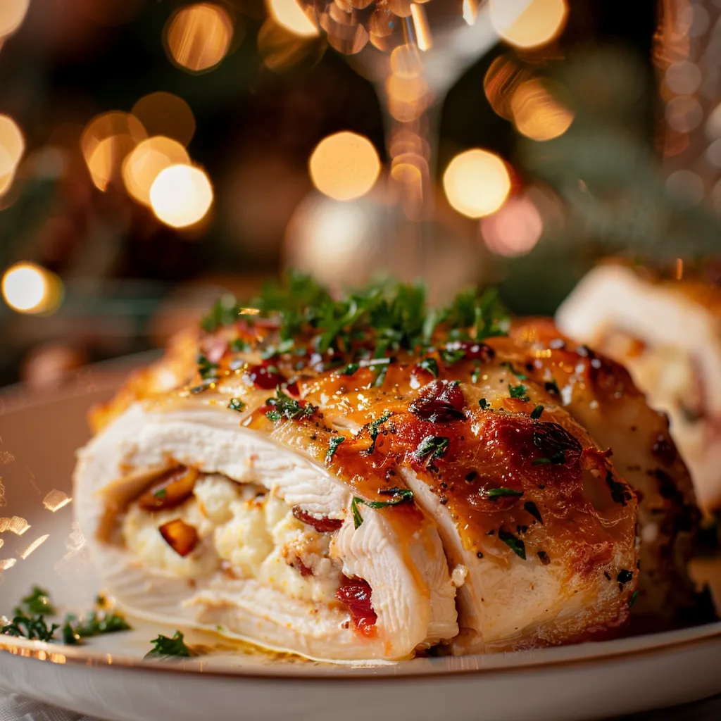 Succulent stuffed chicken with cranberry topping, steam rising, on a rustic plate.
