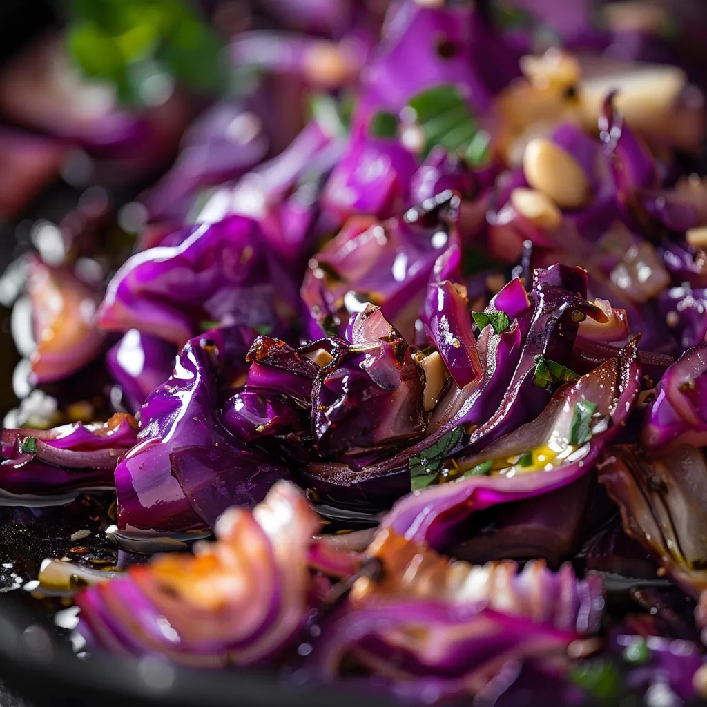 Detailed view of roasted chopped red cabbage garnished with olive oil, with a blurred cozy background.