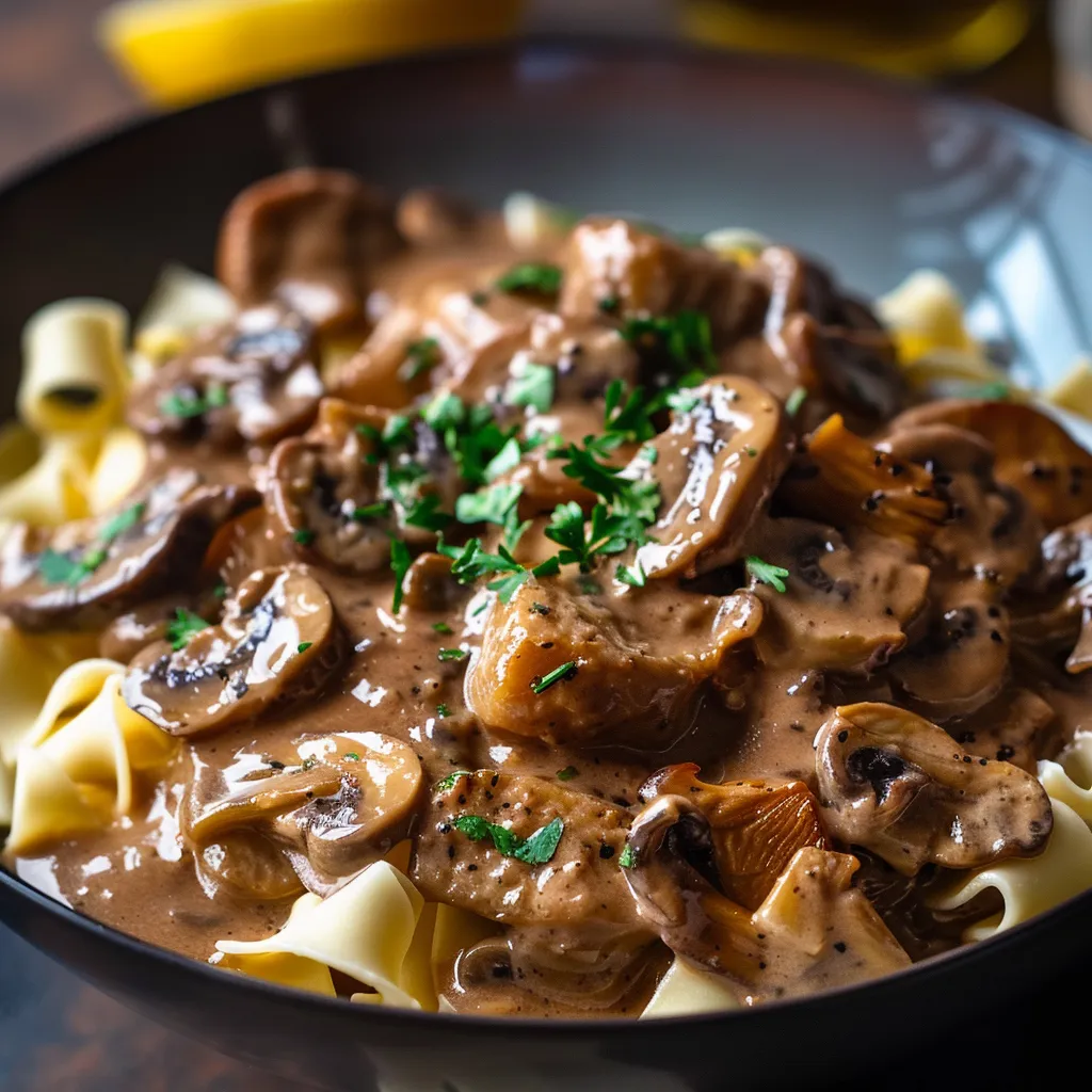 Detailed view of hearty vegan Stroganoff with mushrooms, seitan, and fresh herbs.