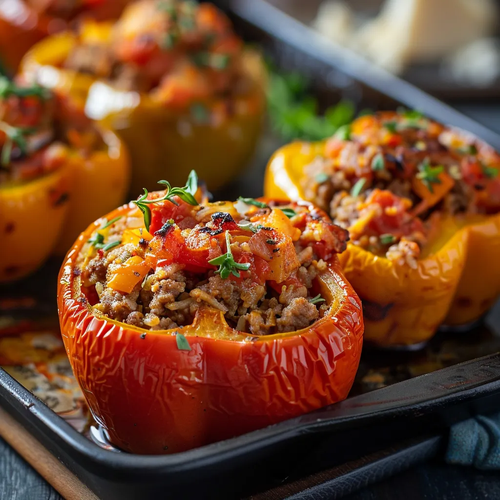 Delicious stuffed bell peppers with ground turkey, cheese, and tomato filling, ready to serve.