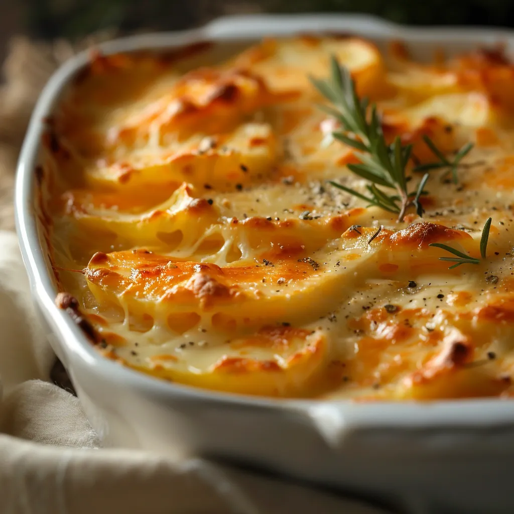Delicious scalloped potatoes with cheese and herbs served hot.