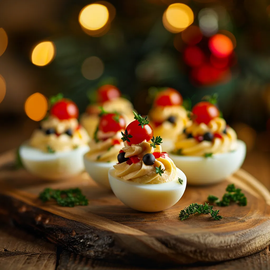 Detailed view of deviled eggs decorated with cherry tomatoes, olives, and bell peppers in Christmas tree shape.
