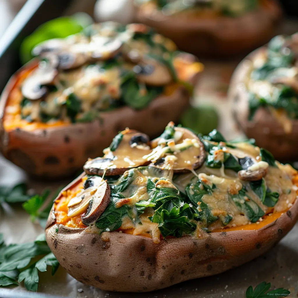 Side view of a sweet potato topped with a savory mushroom and spinach filling under natural light.