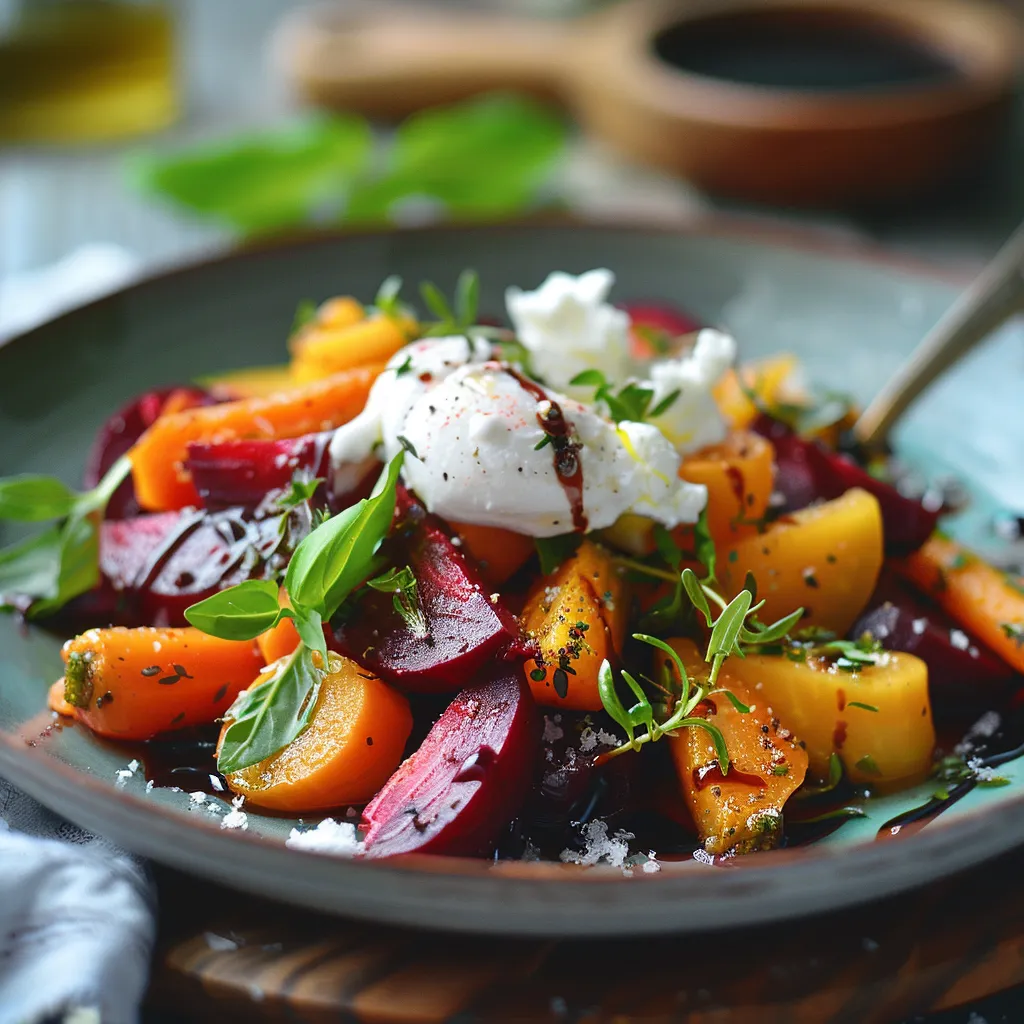 Detailed view of a colorful roasted beets and carrots salad with burrata and fresh herbs.