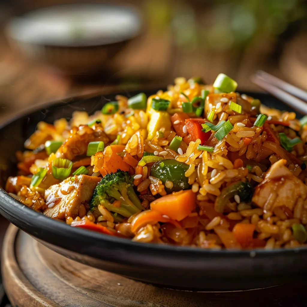 Eye-level view of a vibrant, appetizing dinner with rice, vegetables, and protein, showcasing textures and fresh ingredients.
