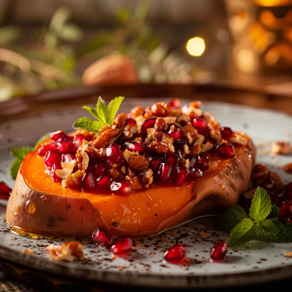 Detailed view of a baked sweet potato topped with fresh pomegranate seeds, chopped nuts, and a cinnamon sprinkle under soft natural light.