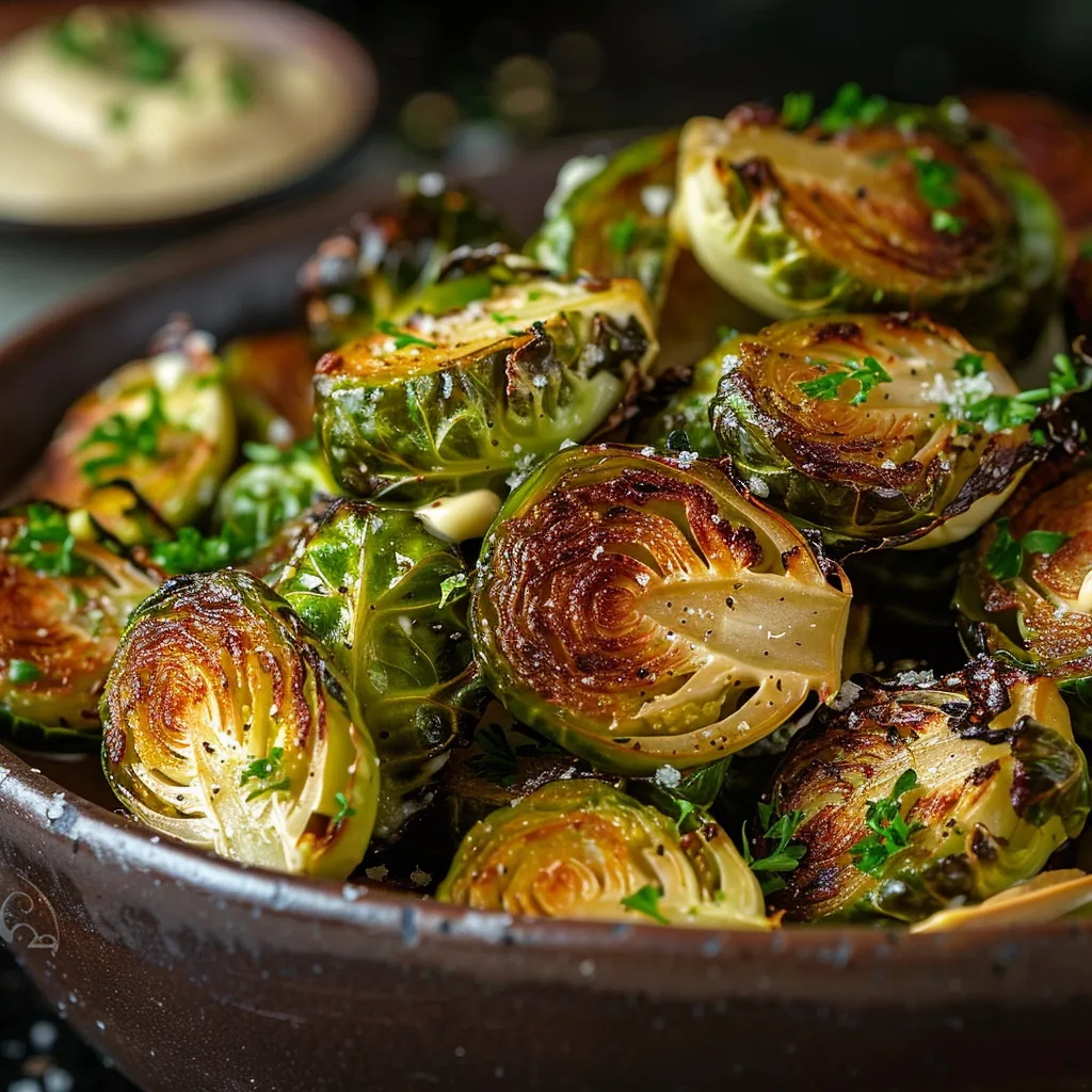 Detailed shot of roasted Brussels Sprouts topped with Dijon Aioli, with a blurred background and soft shadows.