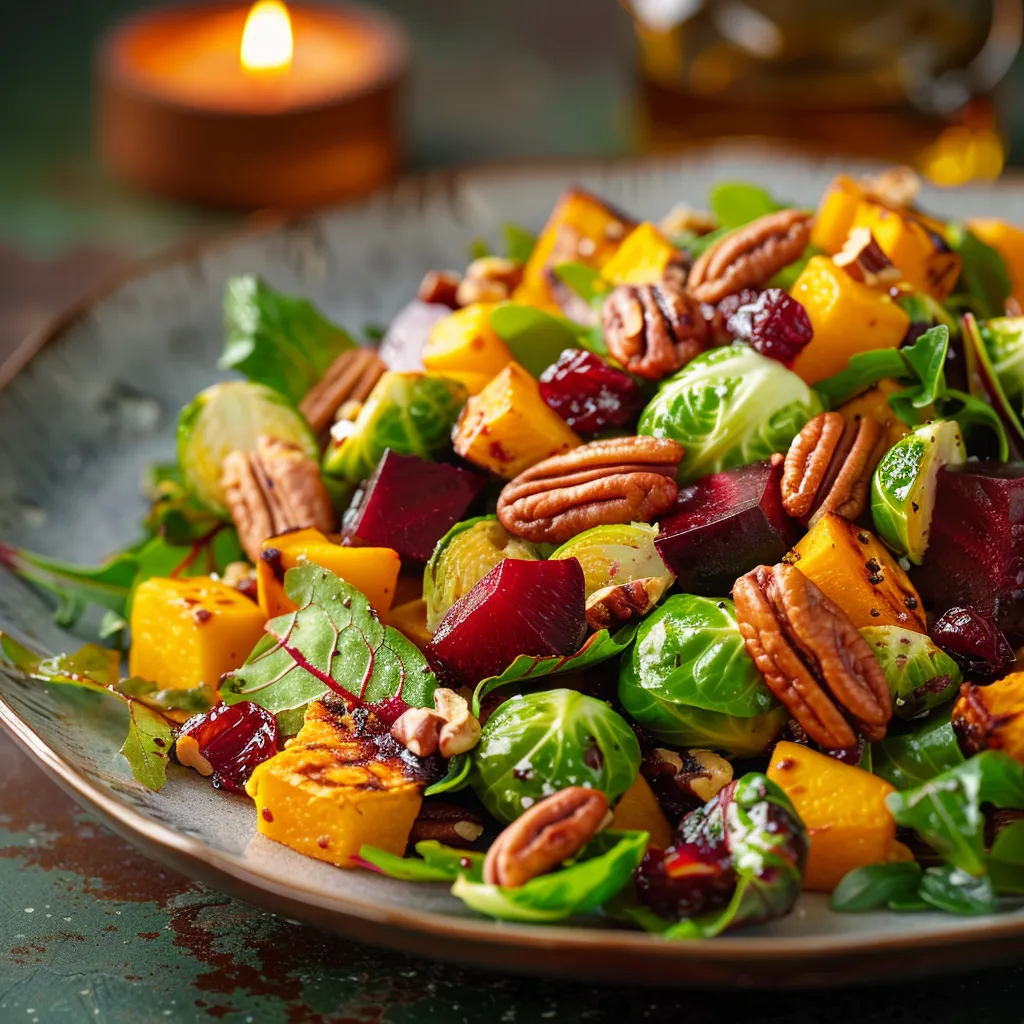 Eye-level shot of a hearty fall salad with diced beets, Brussels sprouts, and sweet potatoes, beautifully plated.