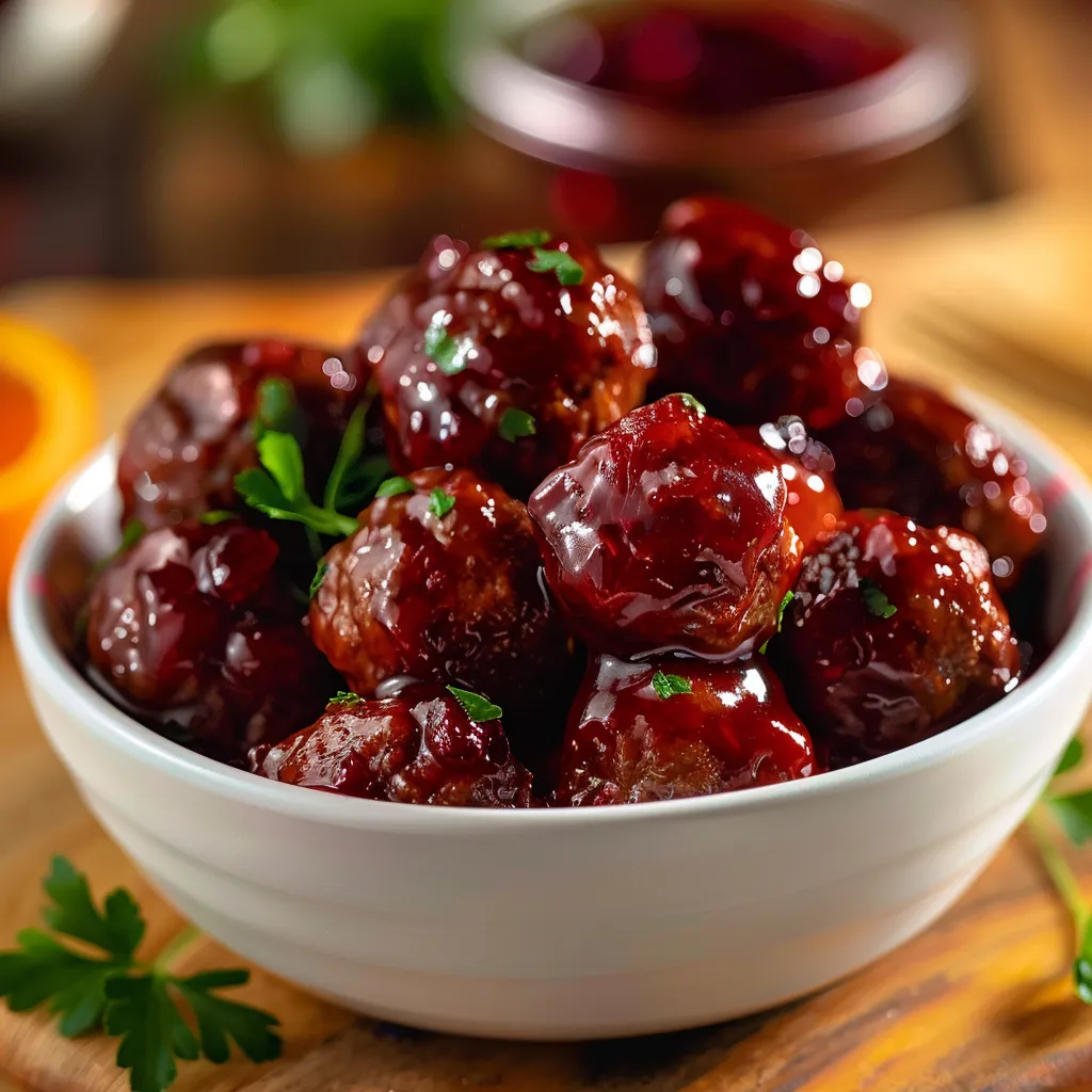 Juicy meatballs topped with shiny cranberry glaze, set against a cozy background.