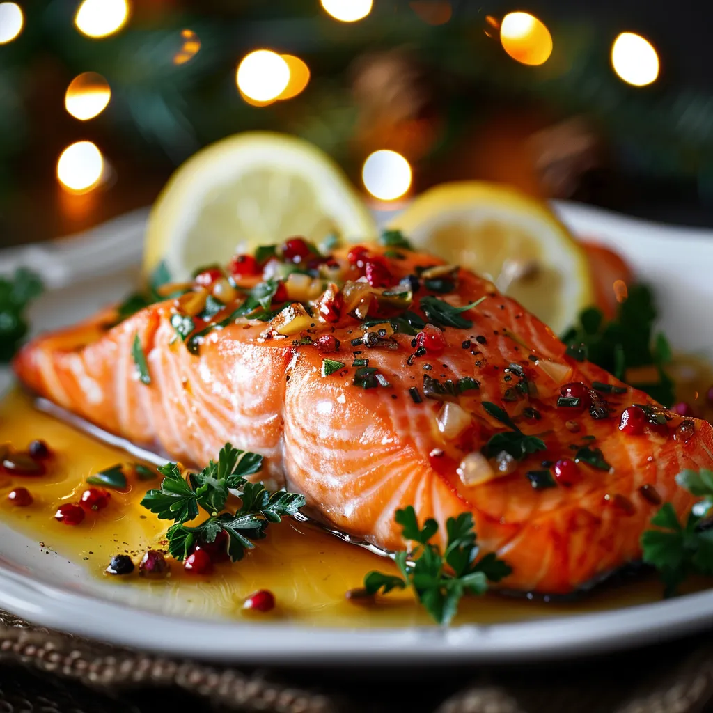 Deliciously prepared Christmas salmon with garlic and thyme.