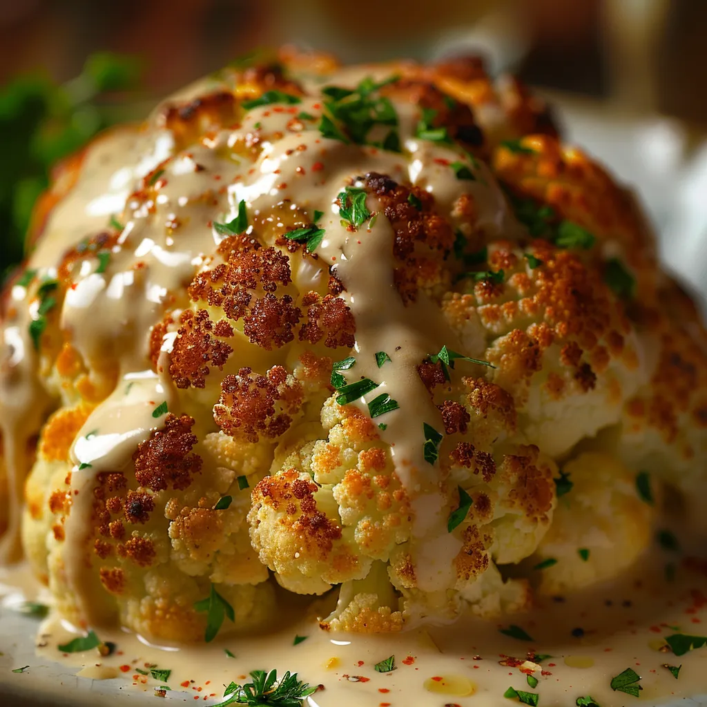 Eye-level shot of a golden roasted cauliflower with tahini sauce and seasoning details.