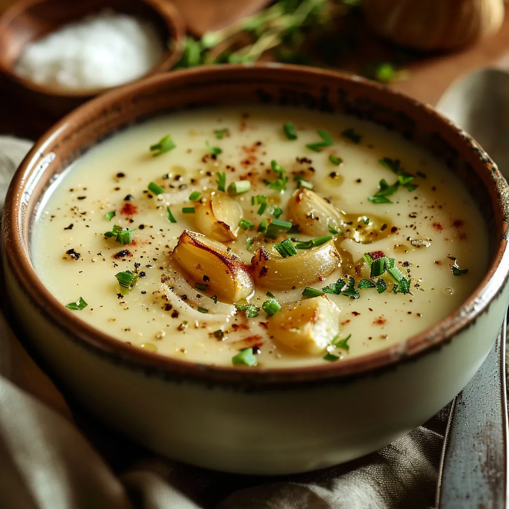 Delicious roasted garlic soup garnished with herbs, captured with soft natural lighting.