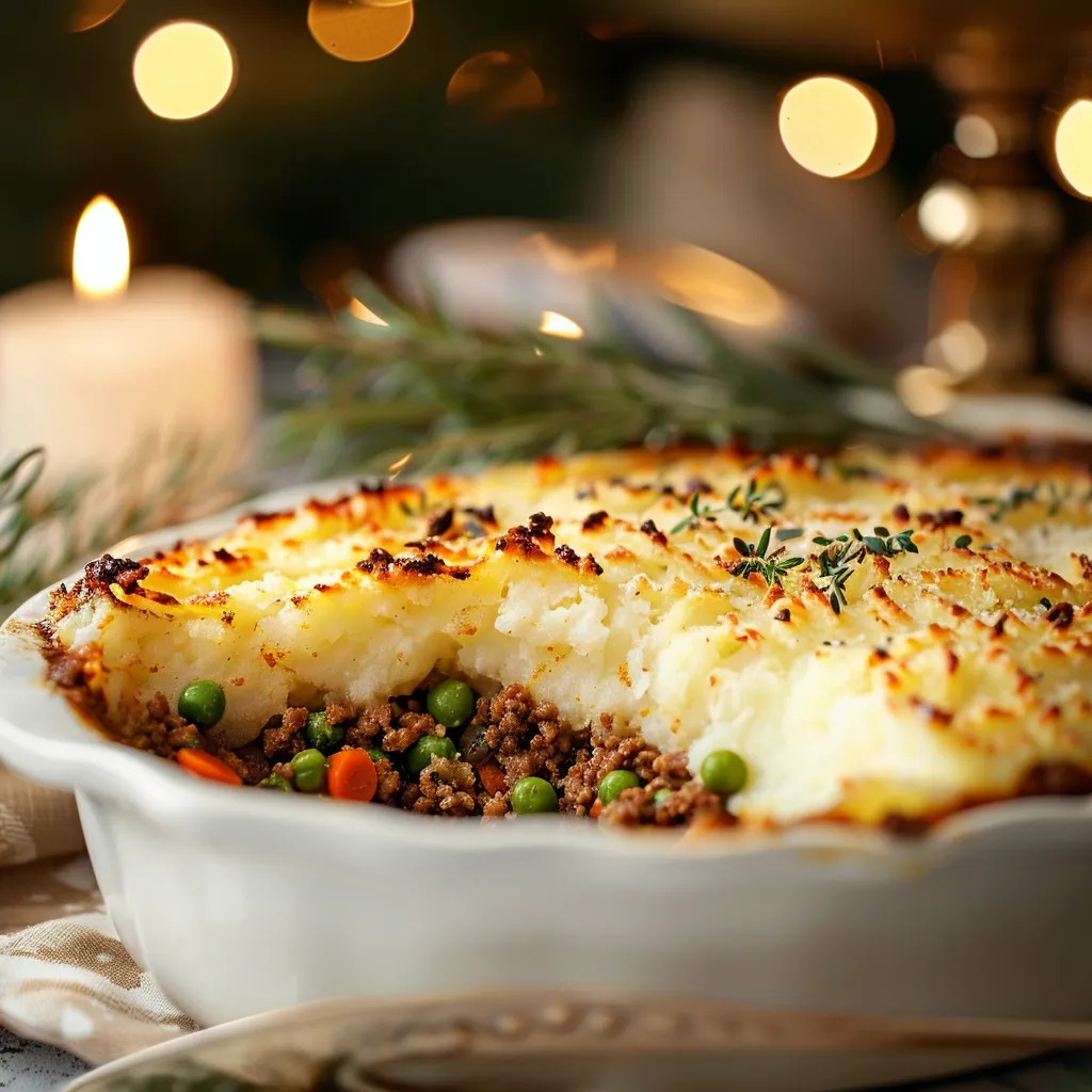 Detailed view of a shepherd's pie with mashed potato topping, featuring visible vegetables and meat filling.