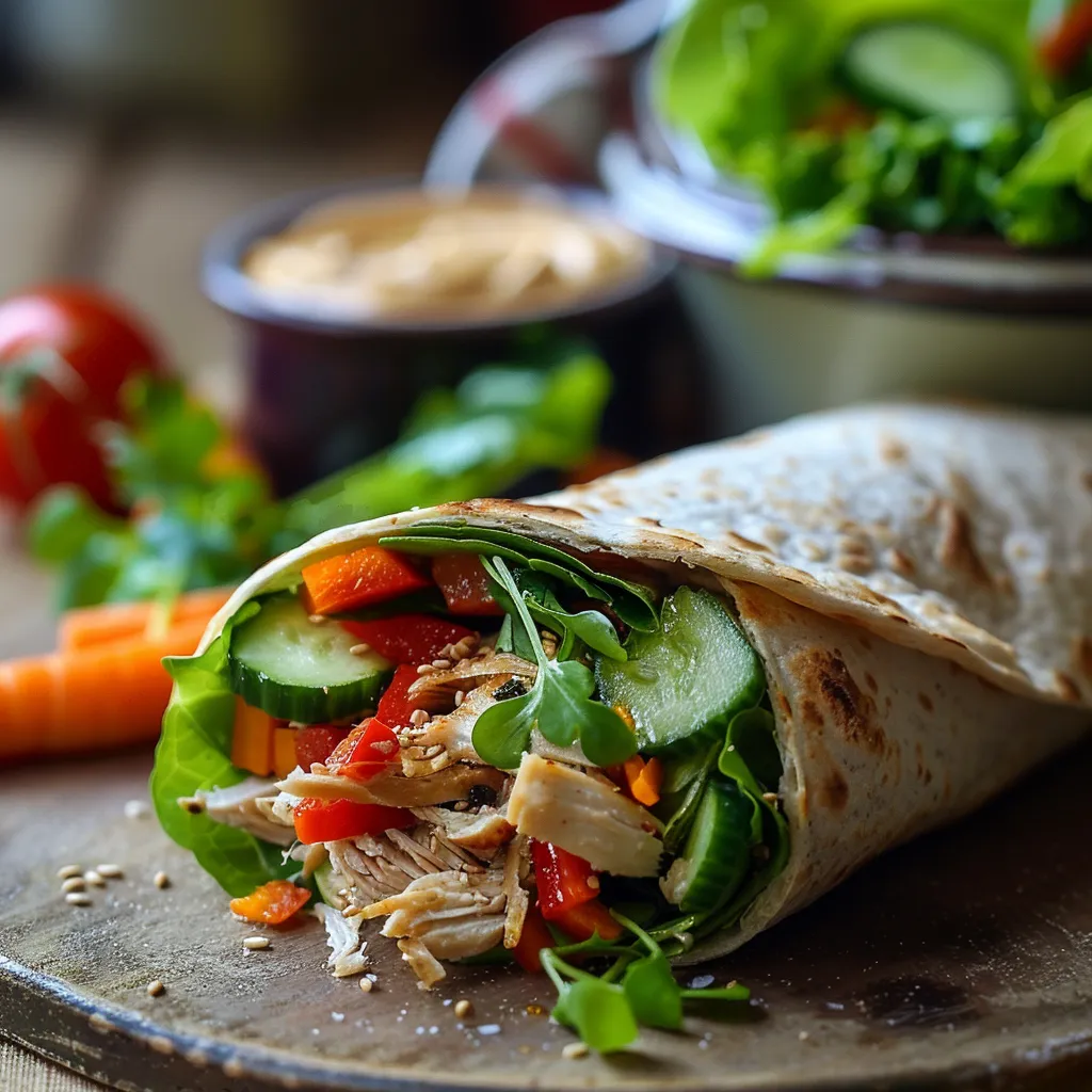 Eye-level view of a balanced meal wrap filled with vegetables and protein.