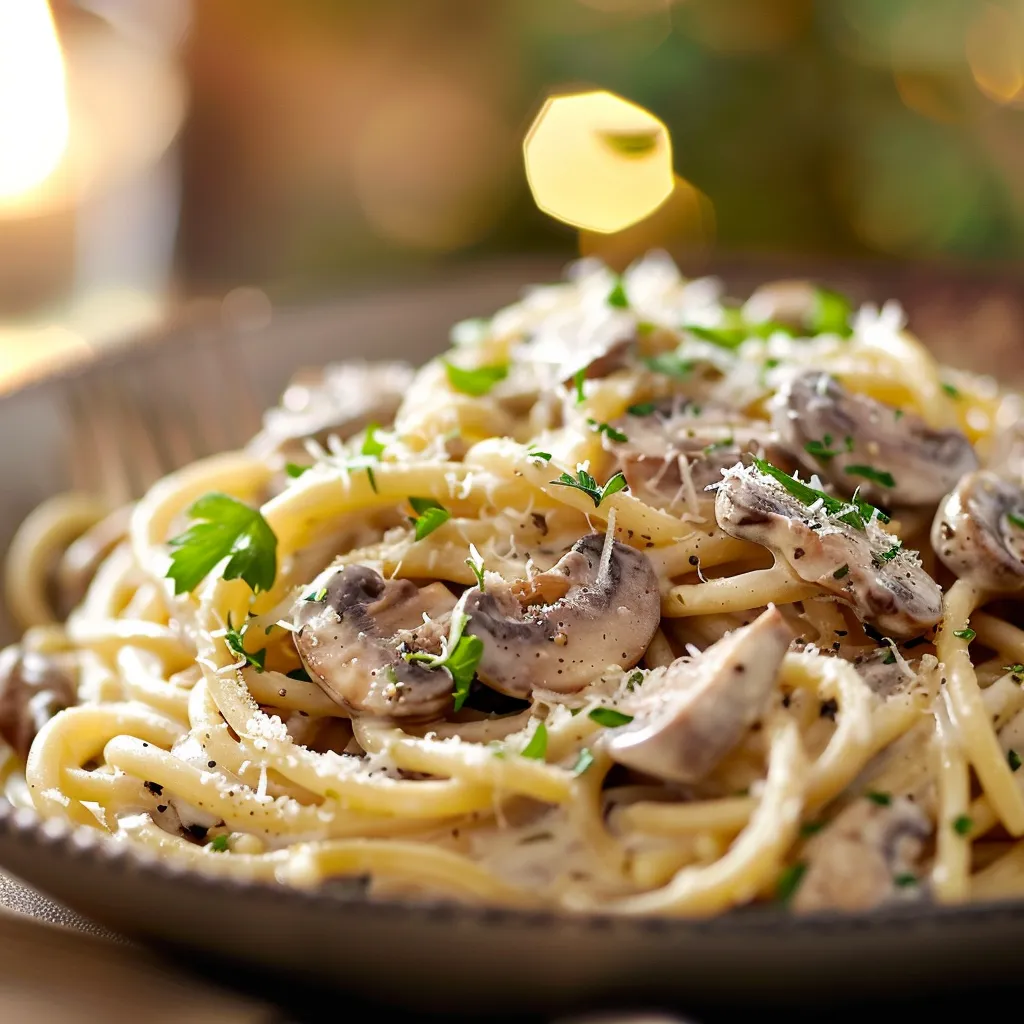 Detailed view of smooth, creamy mushroom pasta dish.