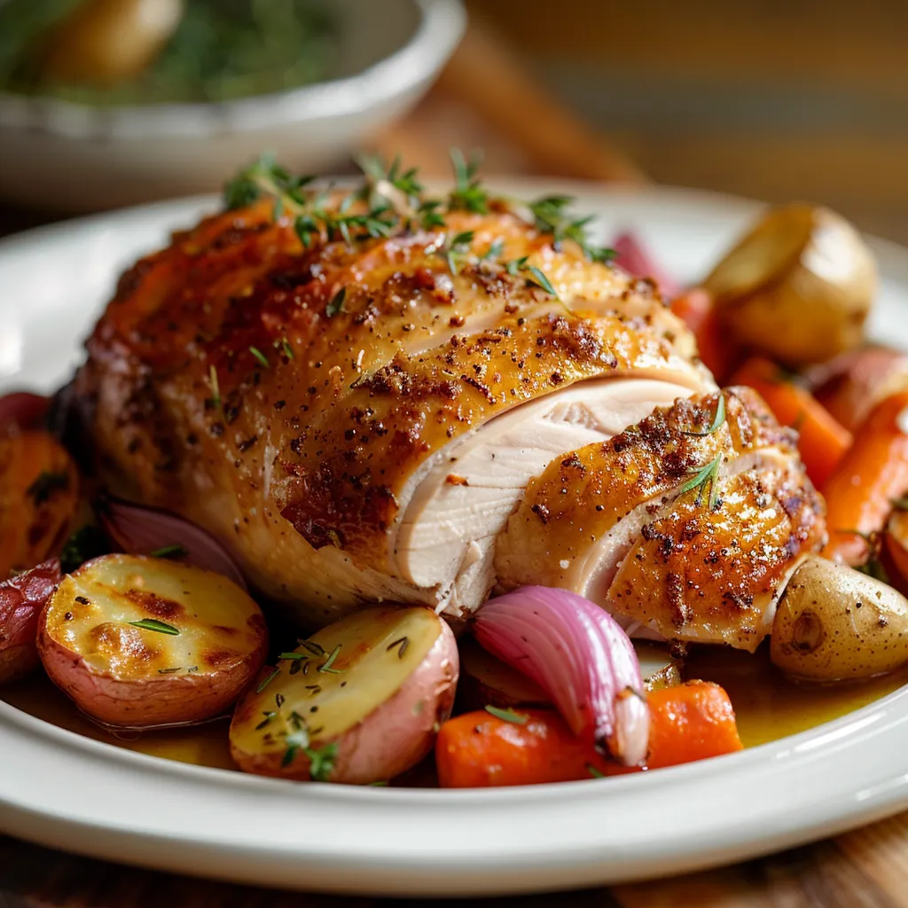 Delicious roasted turkey with vibrant vegetables and fresh herbs.