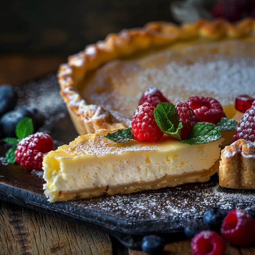 Detailed view of a freshly baked ricotta and cream cheese tart with lemon accents, softly lit from the side.