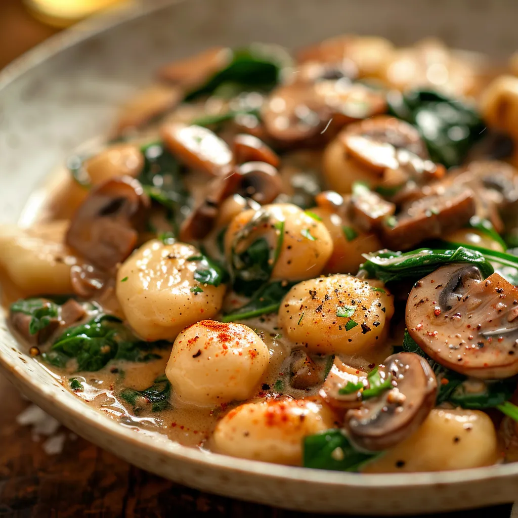 Delicious gnocchi dish featuring spinach, mushrooms, and a flavorful garlic paprika sauce with garnish.